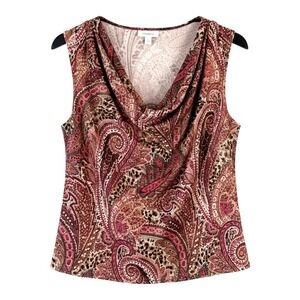 Dressbarn Cowl Neck Sleeveless Top XL‎ Multicolor Paisley Leopard Print Shimmer
